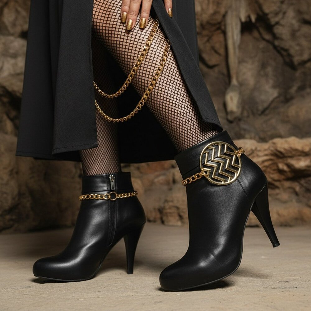 Women 2PCS Gold Metal Boot Chain Bracelet Shoe 2 Anklets Round Chevron Charm Set